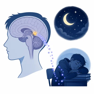 Pineal gland in the brain connected with nighttime and sleep.