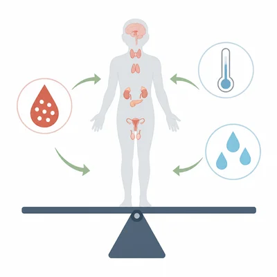 Body systems and endocrine glands helping keep internal conditions balanced.
