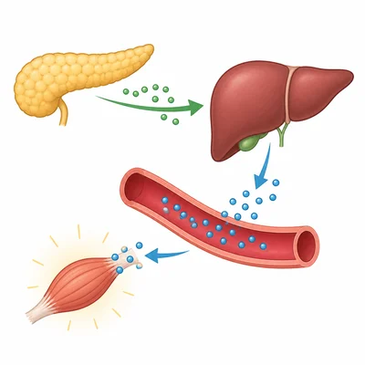 Pancreas signals the liver to release glucose into the bloodstream for energy.
