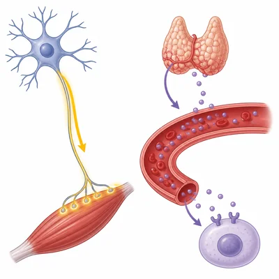 A nerve signal travels directly to a muscle while hormones travel through blood to a target cell.