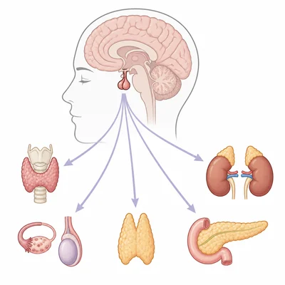 Pituitary gland under the brain sending signals to several other endocrine glands.