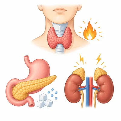 Thyroid, pancreas, and adrenal glands shown with simple symbols for their jobs.