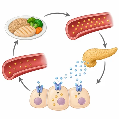 After eating, the pancreas releases hormone signals that help cells take glucose from the blood.