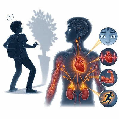 Adrenal glands highlighted as a body responds to a stressful situation.