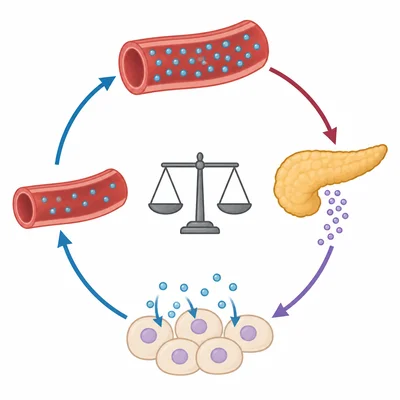 Blood sugar feedback loop showing pancreas signals, cells taking in glucose, and balance restored.