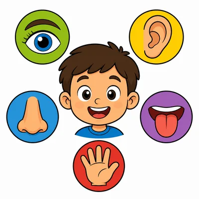 A child face surrounded by an eye, ear, nose, tongue, and hand.