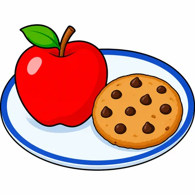 A plate with an apple and a cookie.