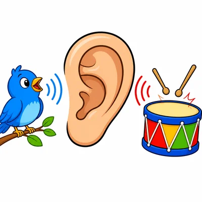 An ear listening to a singing bird and a drum.