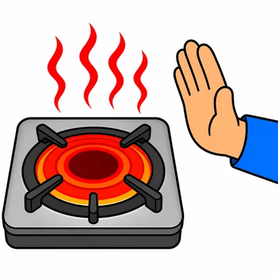 A hand staying away from a hot stove burner.