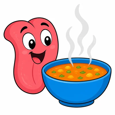 A tongue near a steaming bowl of soup.