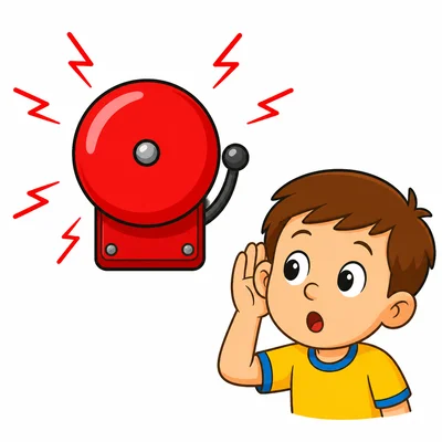 A ringing fire alarm with an ear nearby.