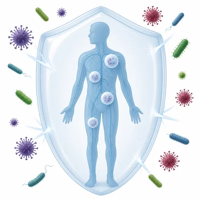 A human body protected by a shield that blocks germs while white blood cells patrol inside.