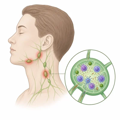 Swollen neck lymph nodes with many immune cells gathered inside.