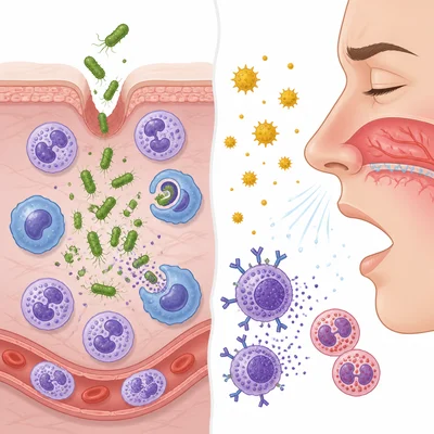 One scene shows germs causing infection, and another shows pollen triggering an allergic reaction.