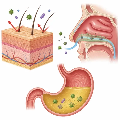 Skin, mucus in the nose, and stomach acid shown blocking or destroying germs.