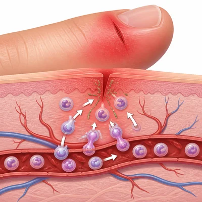 A small cut with redness, swelling, and white blood cells moving toward germs.