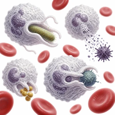 White blood cells attack and engulf germs in the bloodstream.