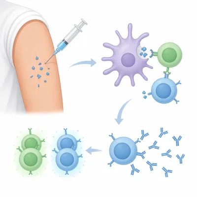 A vaccine introduces harmless pathogen pieces so immune cells can make antibodies and memory cells.