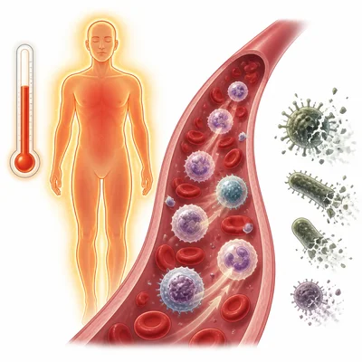 A fever is shown as body warmth that slows germs while immune cells respond.
