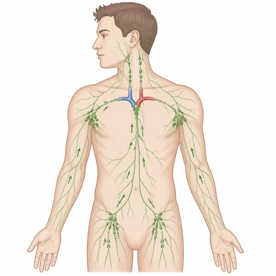 Diagram of lymph vessels and lymph nodes throughout a human torso.