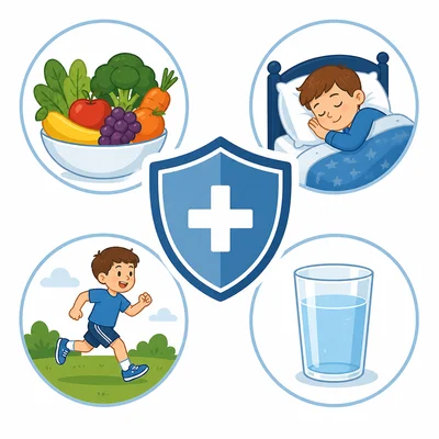 Healthy habits such as nutritious food, sleep, exercise, and water around a shield.