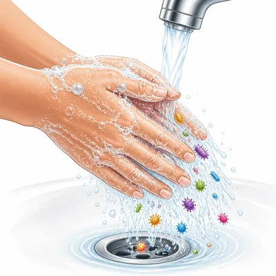 Hands being washed with soap as germs rinse away.