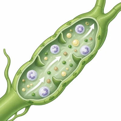 Close-up of lymph fluid carrying white blood cells, germs, waste, and fat droplets.