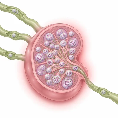 Enlarged lymph node with immune cells trapping germs during infection.