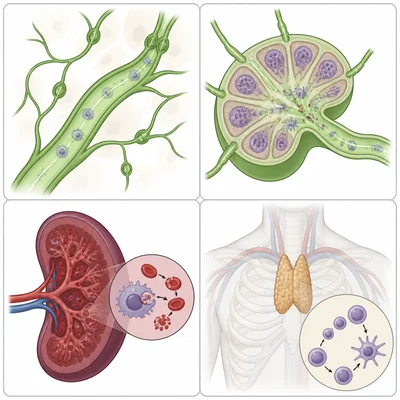Four lymphatic structures shown with their functions: vessels, node, spleen, and thymus.