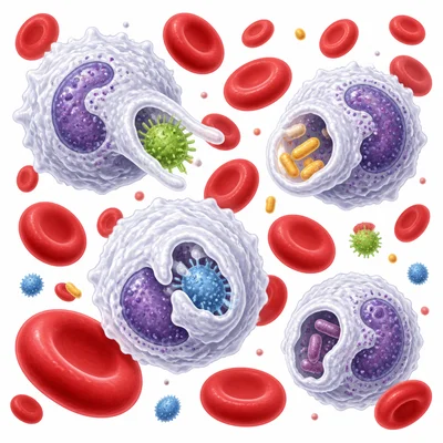 White blood cells attacking germs among red blood cells.