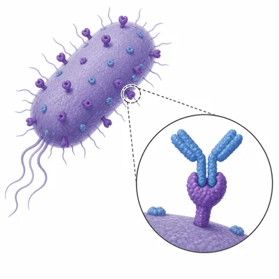 A pathogen with surface antigens being recognized by an immune receptor.