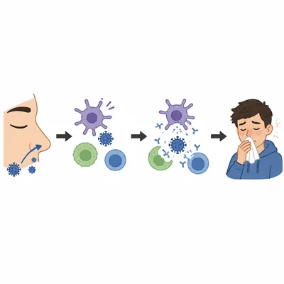Sequence showing a virus entering the nose, immune recognition, response, and symptoms.