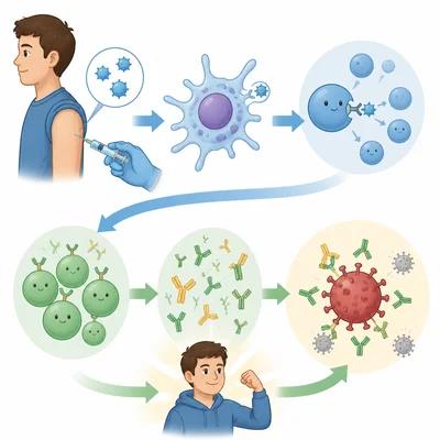 Vaccine particles train immune cells so antibodies can block a later virus.