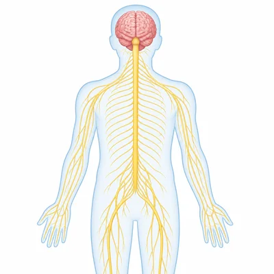 Simple diagram of the brain, spinal cord, and branching nerves in a human body.