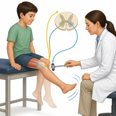 A knee-jerk reflex after a tap below the knee.