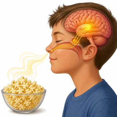 Smell from popcorn travels to the nose and sends signals to the brain.