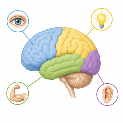 Brain regions connected to icons for seeing, hearing, movement, and thinking.