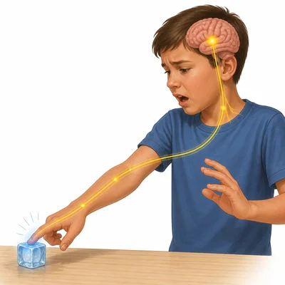 A hand touches an ice cube and nerve signals travel toward the brain.