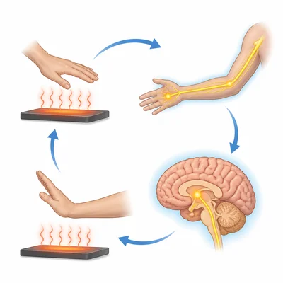Four-step diagram showing sensing heat, sending a message to the brain, and moving the hand away.