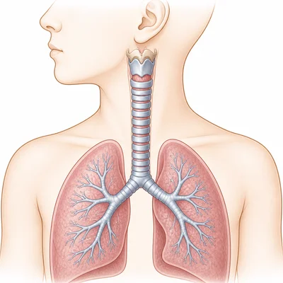 The trachea shown as a ringed tube leading from the throat toward the lungs.