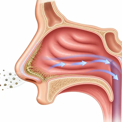 Nose hairs and mucus trapping dust as air passes through the nose.