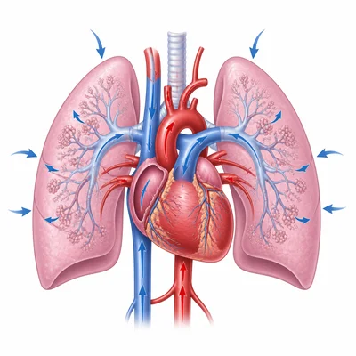 Heart pumping blood through vessels while lungs move air in and out.