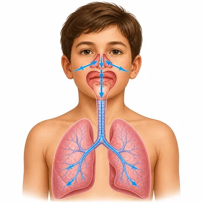 Air pathway from nose and mouth through the windpipe into the lungs.
