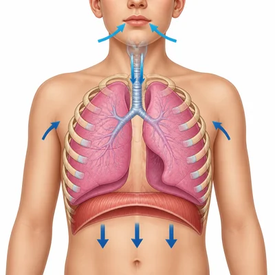 Expanded lungs with the diaphragm moving downward during inhalation.