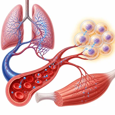 Oxygen moving from the lungs into the blood and to body cells.
