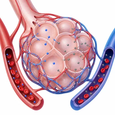 Alveoli surrounded by capillaries showing gas exchange.