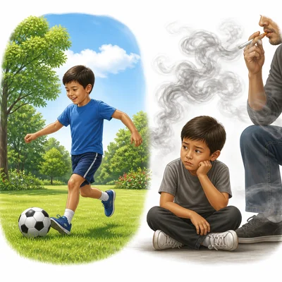 A child playing in clean outdoor air compared with a child near cigarette smoke.