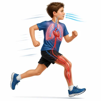 A running child with faster airflow to the lungs and blood flow to muscles.