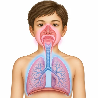 Respiratory system with upper airway and lower airway regions highlighted in different colors.