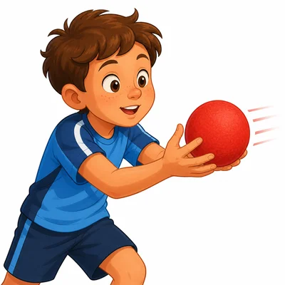 A child catches a ball with both hands while watching it closely.